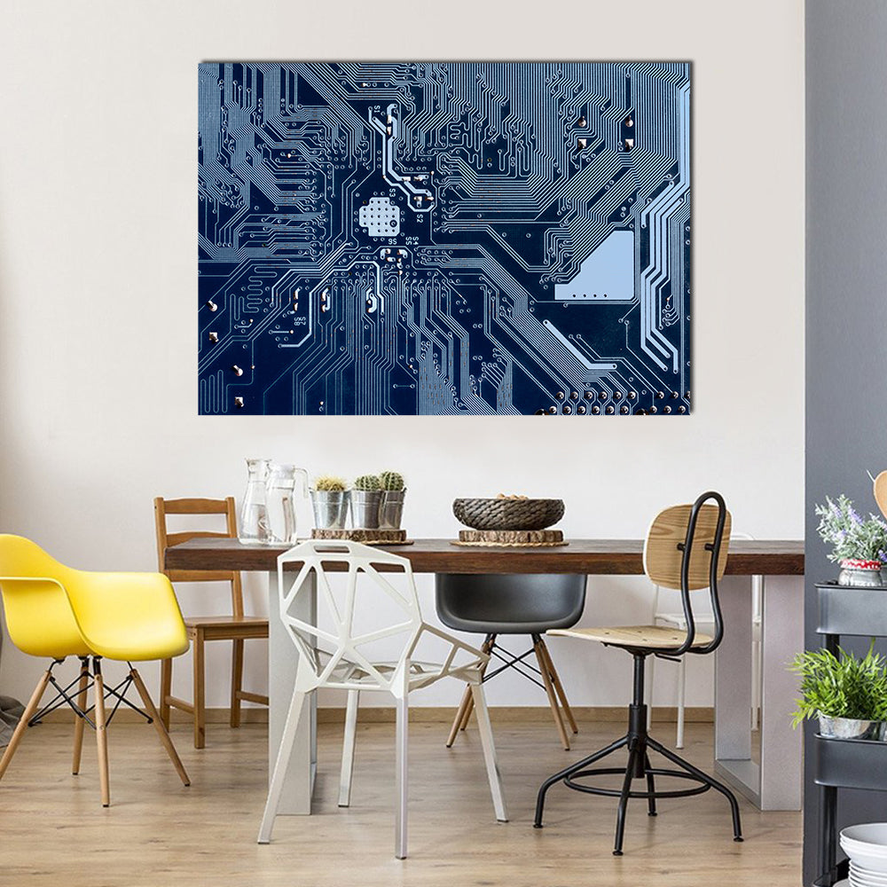 Blue Circuit Board Canvas Wall Art in blue and navy, single panel hung on a wall