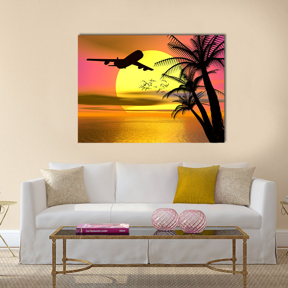 Tropical Sunset With Airplane Canvas Wall Art