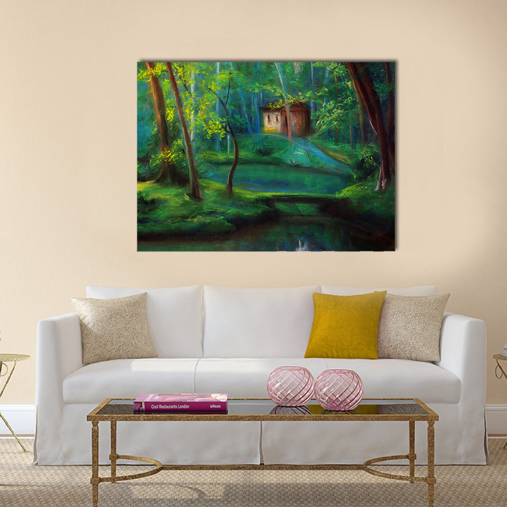 Fairy Tale Forest Cabin at Dusk Canvas Wall Art in brown, yellow and green, single panel hung on a wall