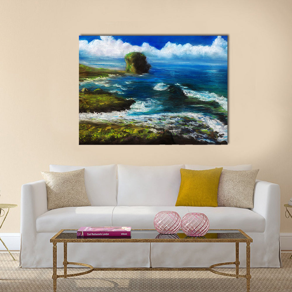 Coastal Landscape with Sea Stack Canvas Wall Art in white, green and blue, single panel hung on a wall
