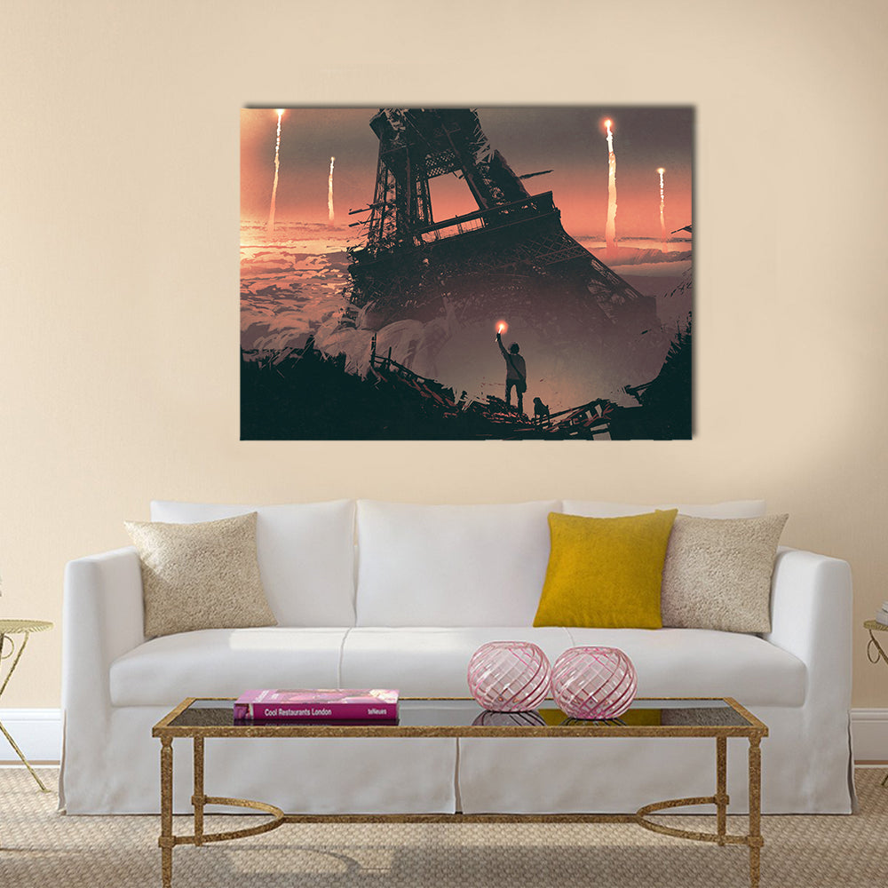 Silhouetted Man at Crumbling Eiffel Tower Canvas Wall Art in black, brown and orange, single panel hung on a wall