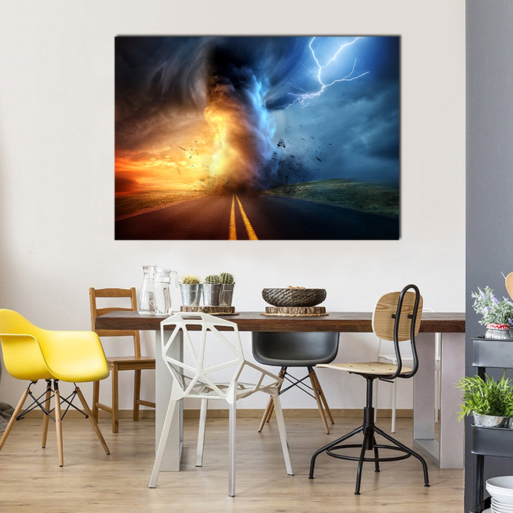 Tornado Over Sunset Road Canvas Wall Art in black, orange and blue, single panel hung on a wall