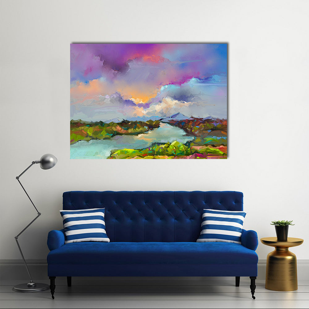 Semi-abstract River Landscape Canvas Wall Art in blue, purple and multicolor, single panel hung on a wall