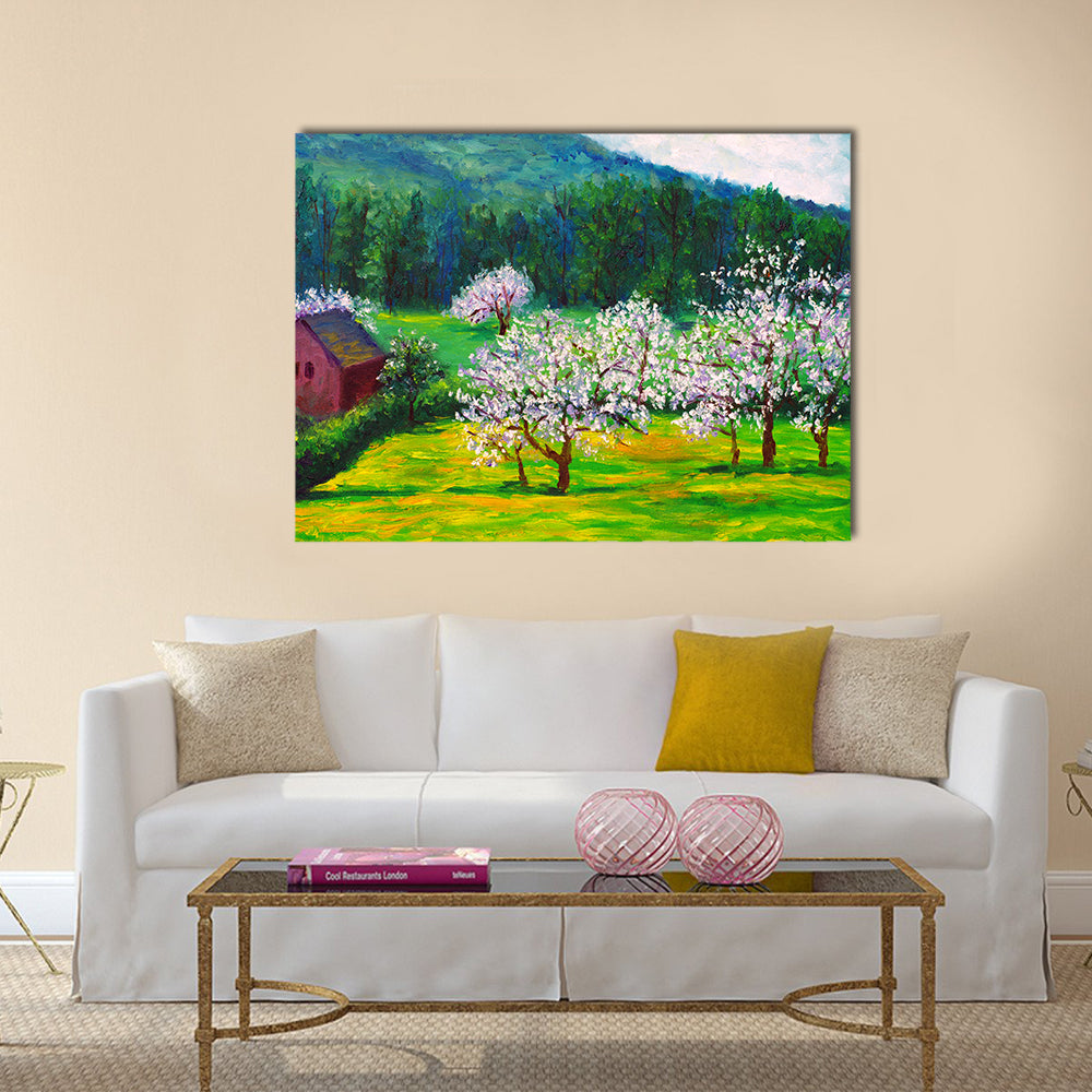 Plum Blossom Orchard with Red Barn Canvas Wall Art