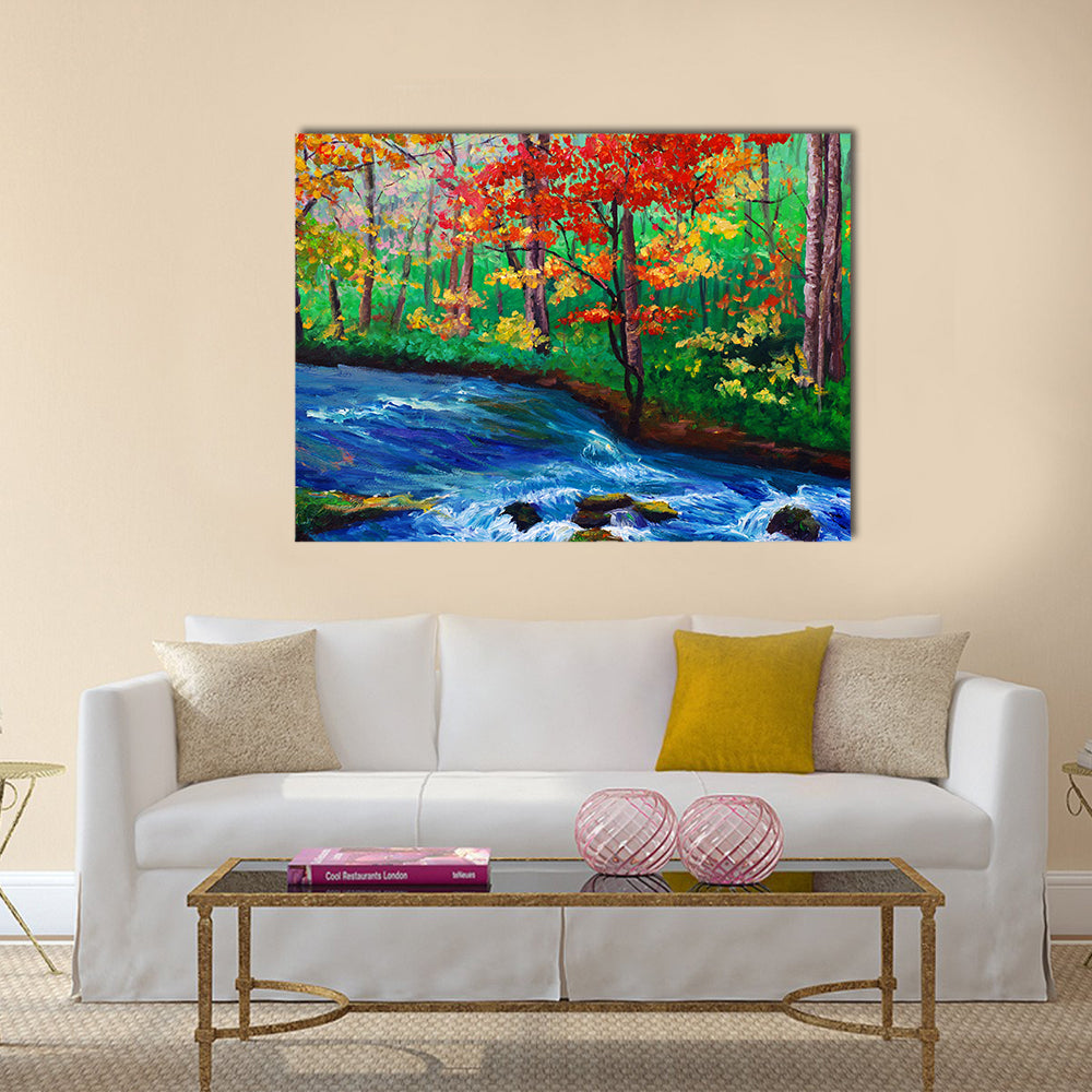 Autumn Maple by Flowing Stream Canvas Wall Art in orange, green and blue, single panel hung on a wall