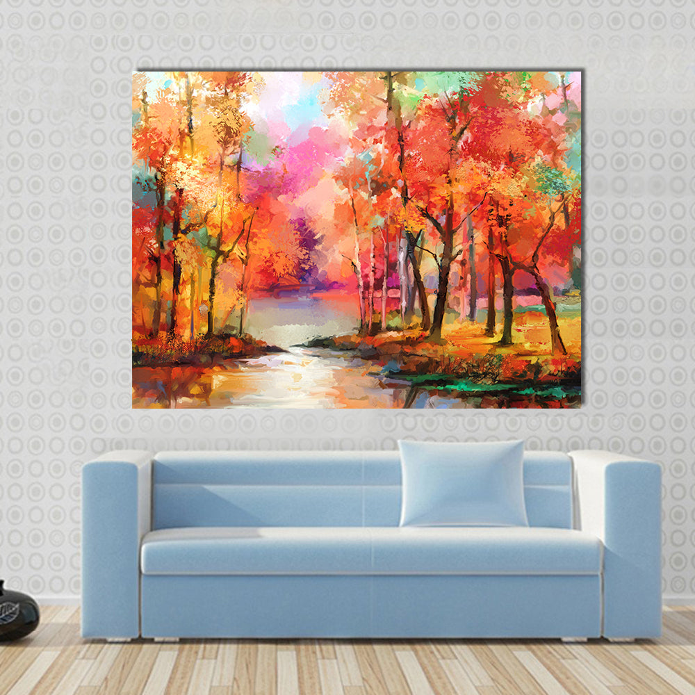 Autumn Forest with River Canvas Wall Art
