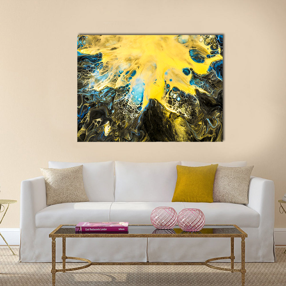 Acrylic Pour Abstract in Gold and Blue Canvas Wall Art