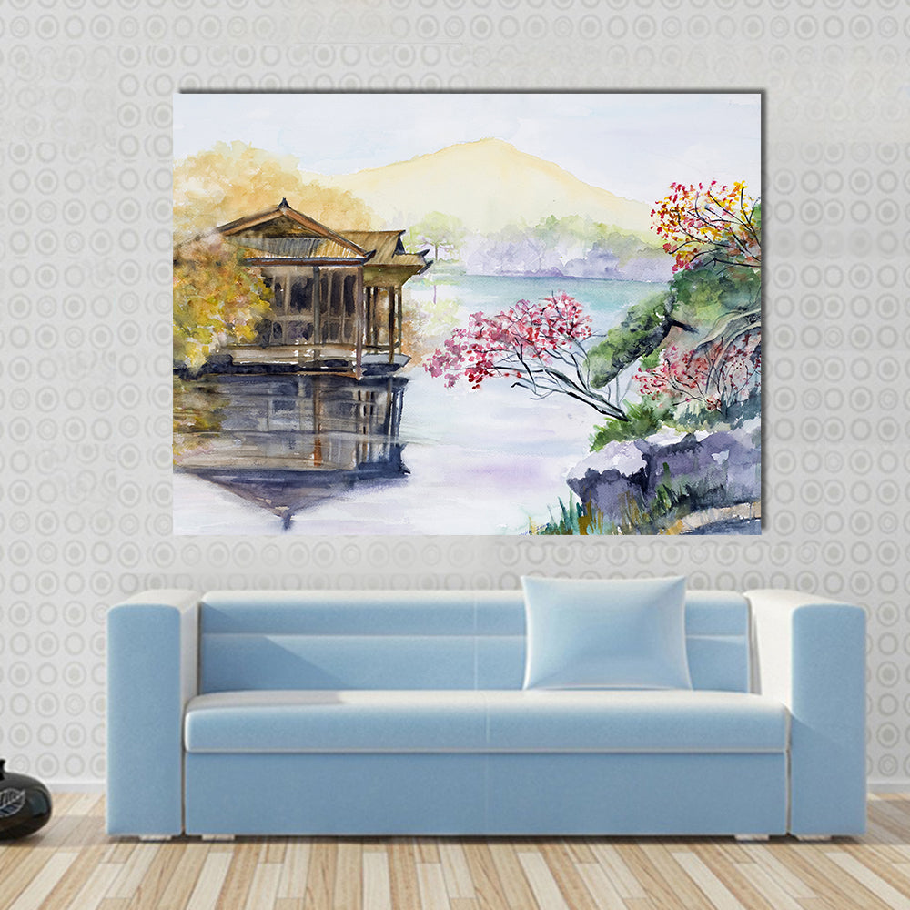 West Lake Pavilion and Blossoms Canvas Wall Art in yellow, blue and pink, single panel hung on a wall