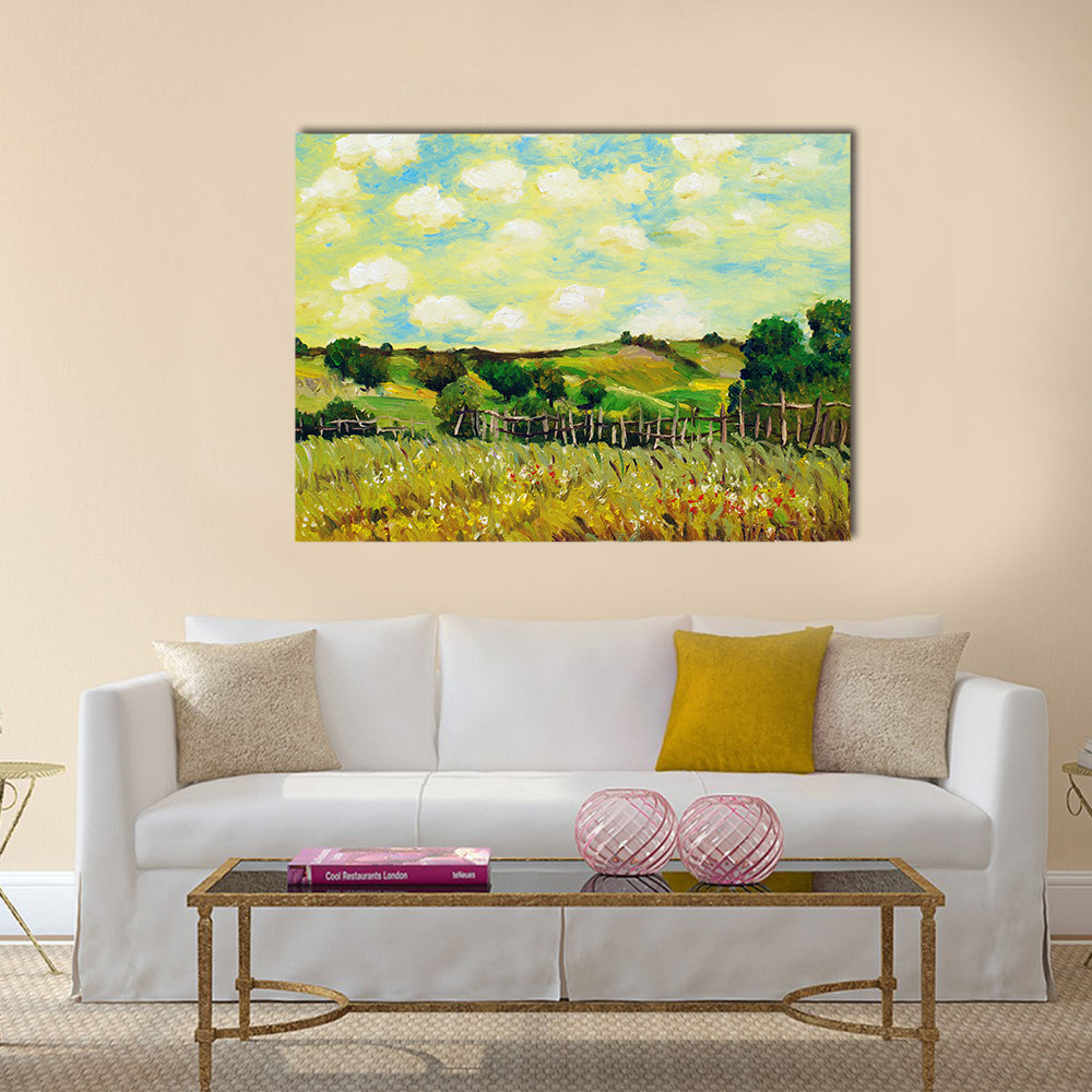 Sunlit Rolling Green Farm Fields Painting Canvas Wall Art in yellow, green and blue, single panel hung on a wall