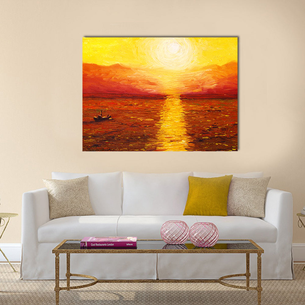 Sunset Sea with Boat Oil Painting Canvas Wall Art