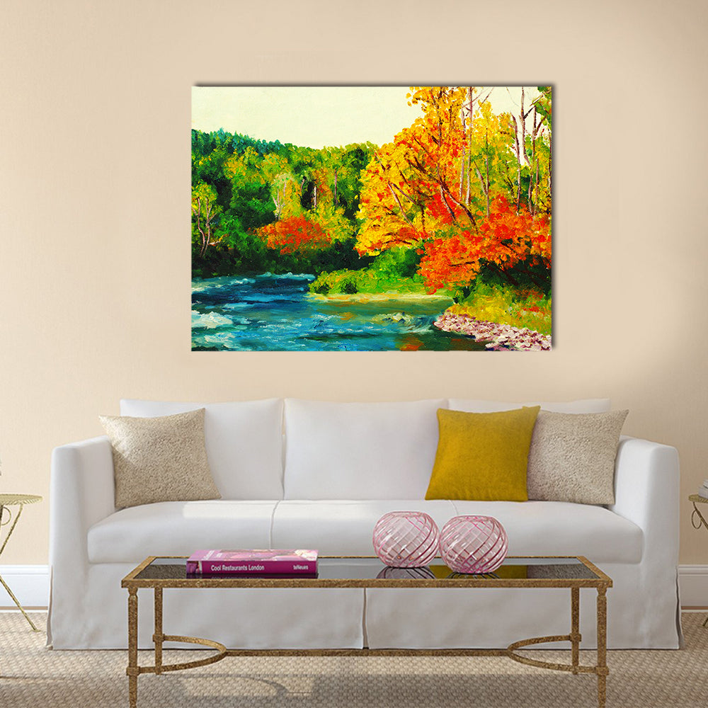 Maple River in Autumn Canvas Wall Art in orange, yellow and green, single panel hung on a wall