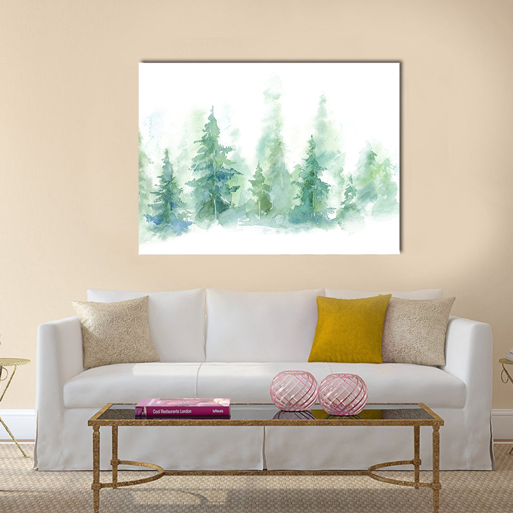 Foggy Winter Forest Canvas Wall Art in white and green, single panel hung on a wall