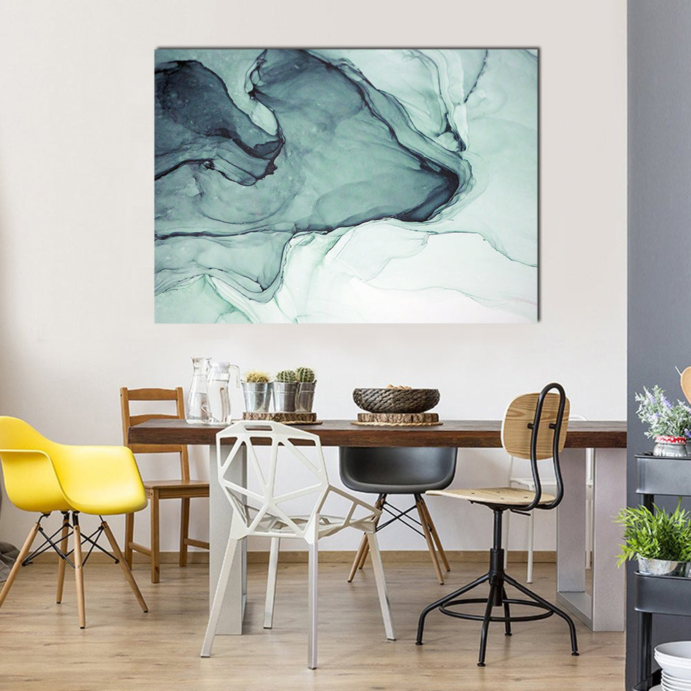 Teal Alcohol Ink Abstract Canvas Wall Art in white, green and blue, single panel hung on a wall