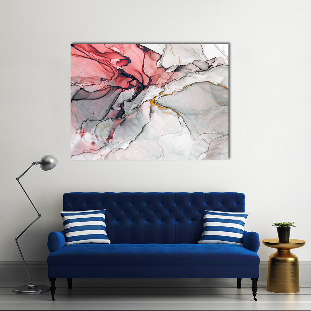 Alcohol Ink Abstract Canvas Wall Art in white, gray and pink, single panel hung on a wall