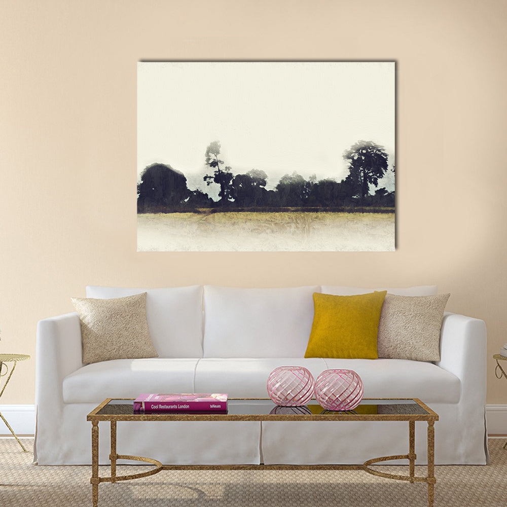 Abstract Tree and Field Canvas Wall Art in black, beige and yellow, single panel hung on a wall