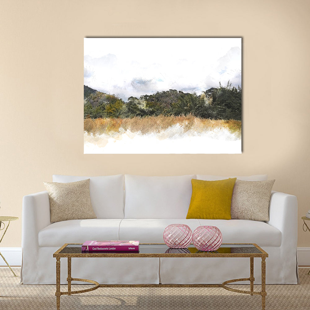 Watercolor Mountain Silhouette Canvas Wall Art in white, brown and green, single panel hung on a wall