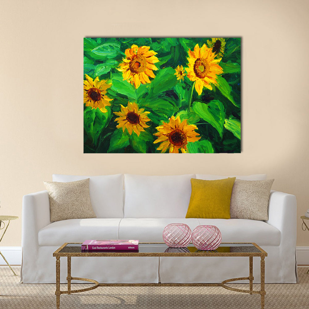 Abstract Sunflowers in Yellow and Green Canvas Wall Art in yellow and green, single panel hung on a wall