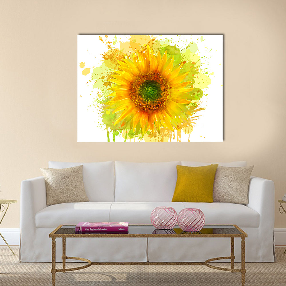 Watercolor Sunflower Splash Canvas Wall Art in white, yellow and green, single panel hung on a wall