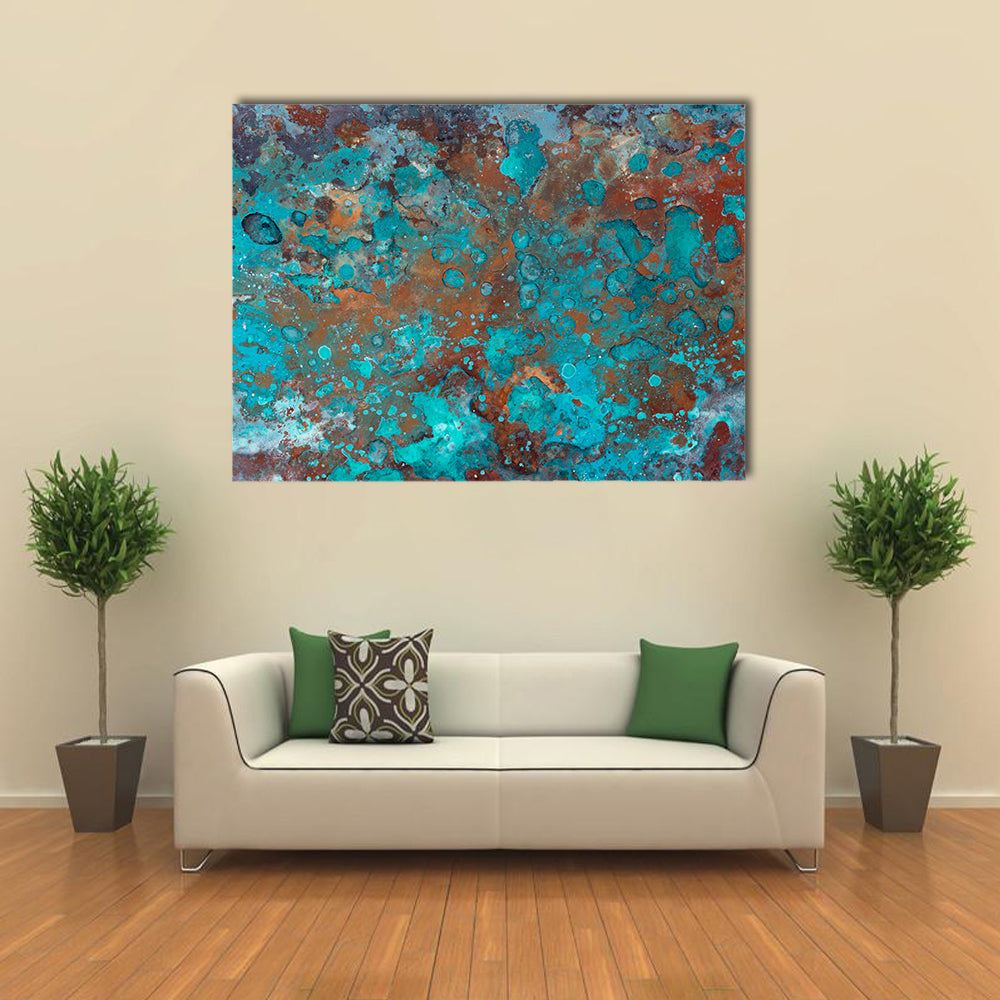 Liquid Brushstrokes Textures Canvas Wall Art in brown and blue, single panel hung on a wall