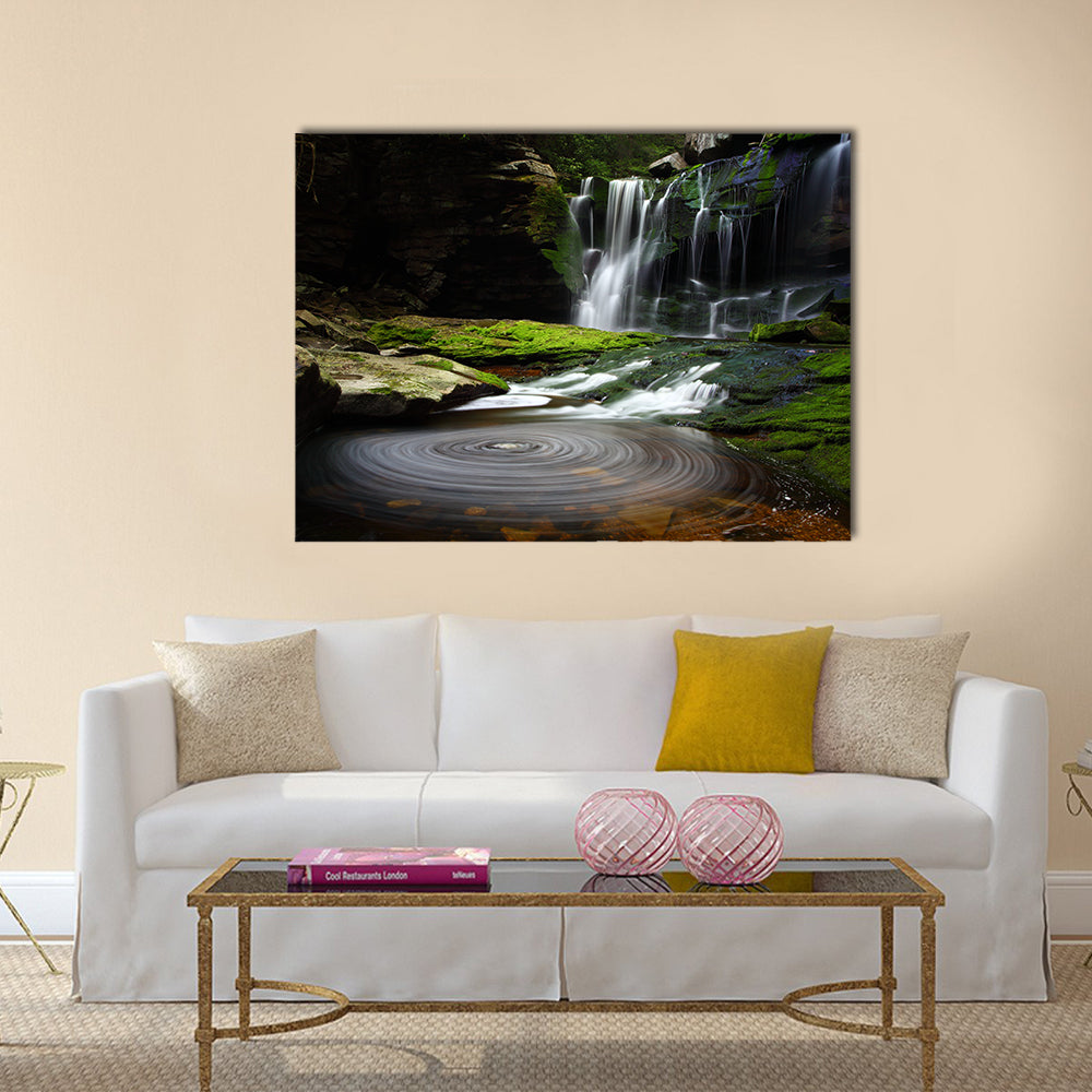 Waterfall and Swirling Pool Canvas Wall Art in black, white and green, single panel hung on a wall