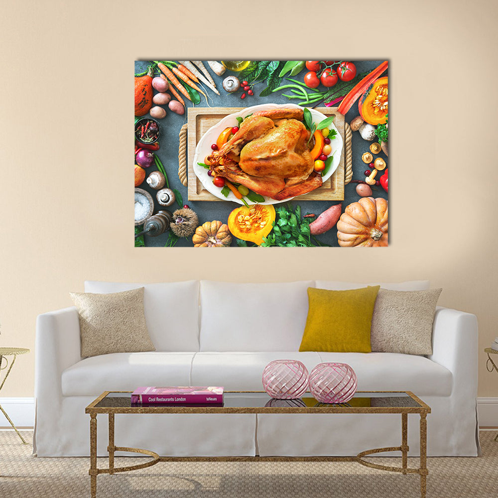 Thanksgiving Roasted Turkey Canvas Wall Art in brown, orange and green, single panel hung on a wall