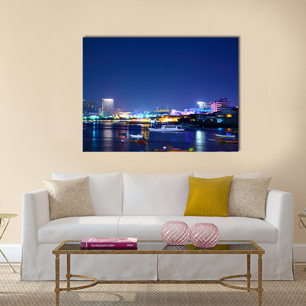 Night View Of The Pattaya City In Thailand Canvas Wall Art in blue and navy, single panel hung on a wall