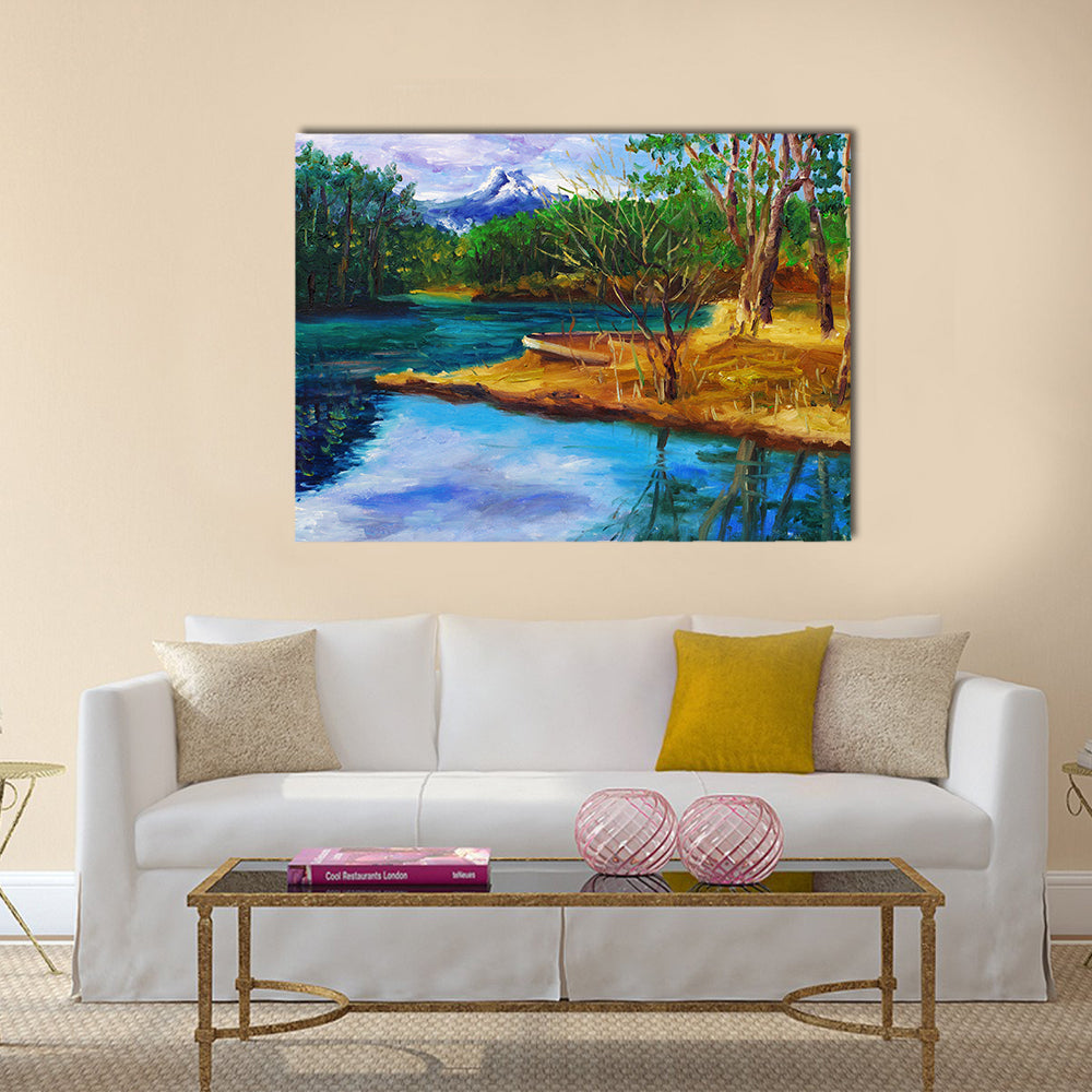 Autumn Lake with Rowboat and Mountain Reflection Canvas Wall Art in yellow, green and blue, single panel hung on a wall