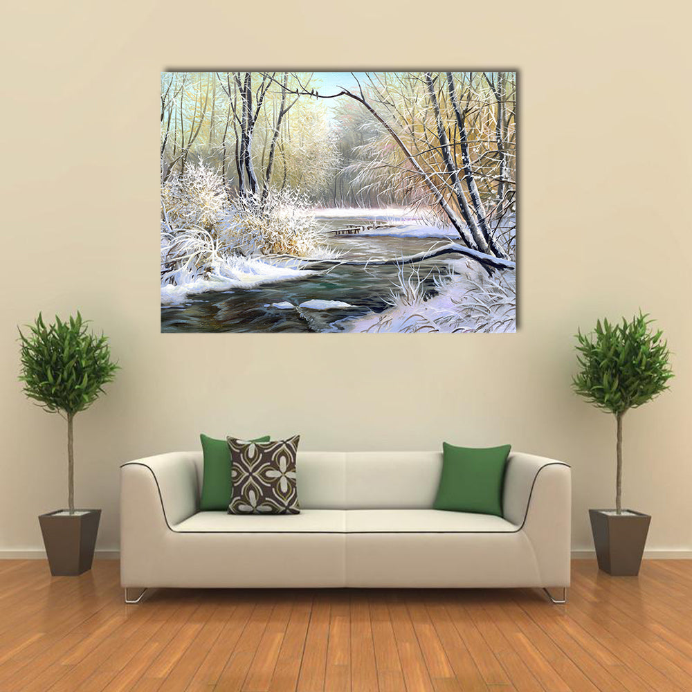 River in Winter Forest Canvas Wall Art in white, gray and brown, single panel hung on a wall