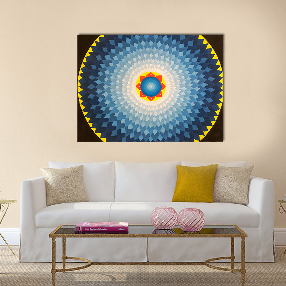 Geometric Flower Mandala Canvas Wall Art in black, yellow and blue, single panel hung on a wall