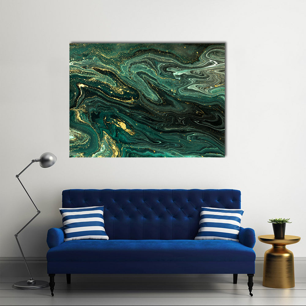 Green Marble Acrylic Pattern Canvas Wall Art in black, gold and green, single panel hung on a wall