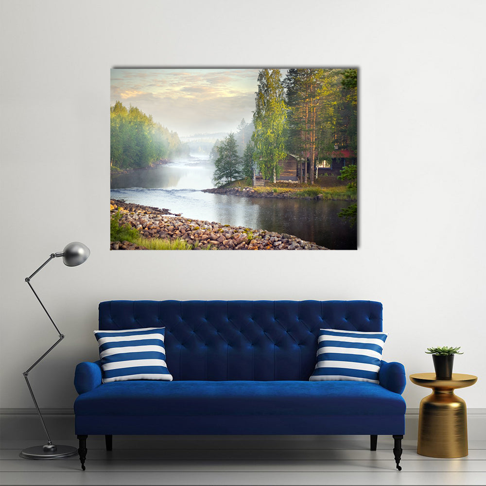 Mystic River In The Morning Canvas Wall Art in gray, brown and green, single panel hung on a wall
