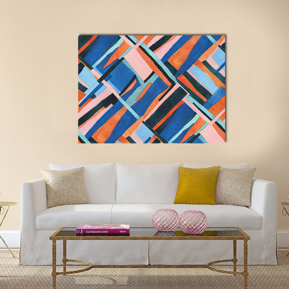 Abstract Geometric Collage in Blue and Orange Canvas Wall Art in orange, blue and pink, single panel hung on a wall