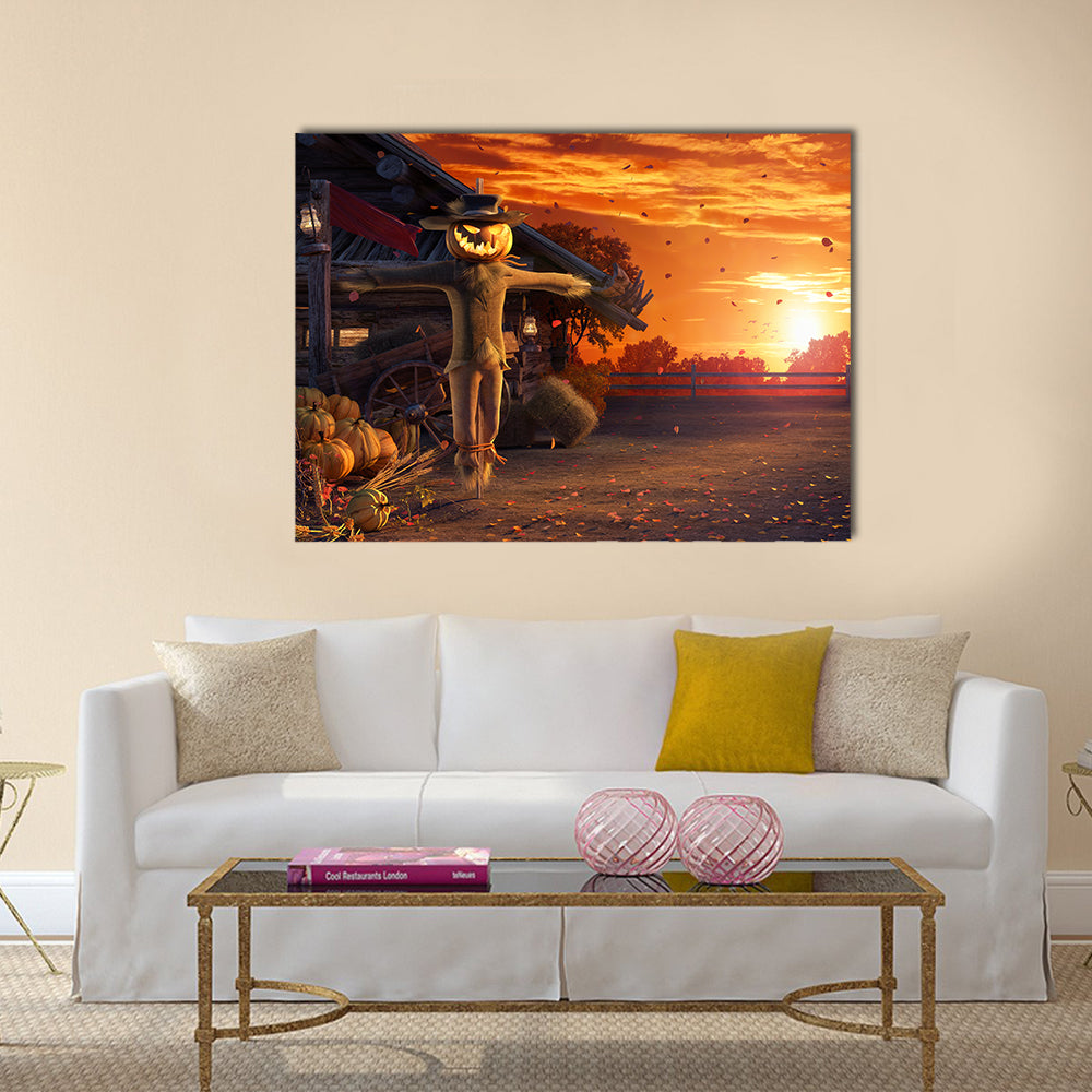 Pumpkin Scarecrow at Autumn Sunset Canvas Wall Art in brown, orange and yellow, single panel hung on a wall
