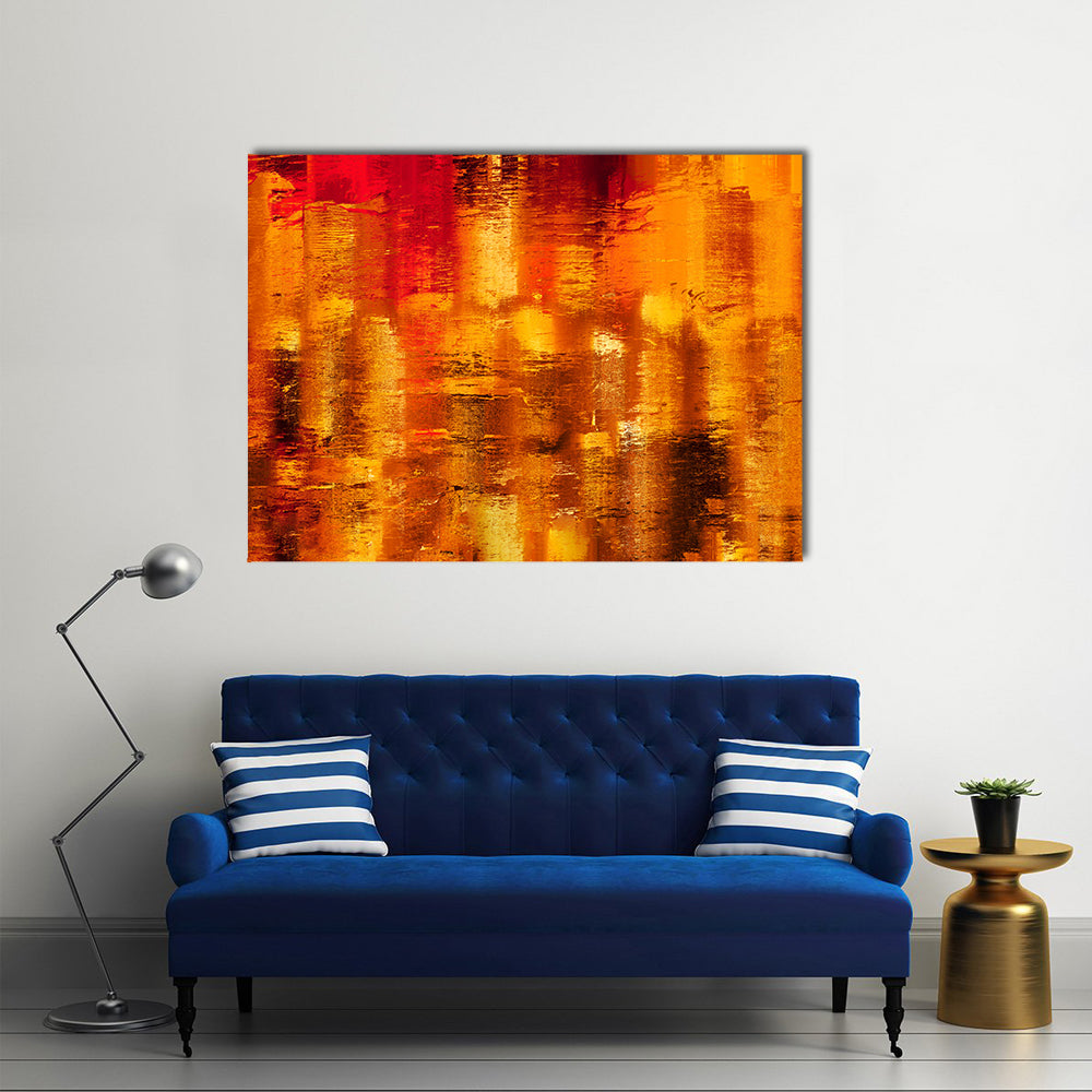 Shining Brushstrokes Canvas Wall Art in red, orange and yellow, single panel hung on a wall