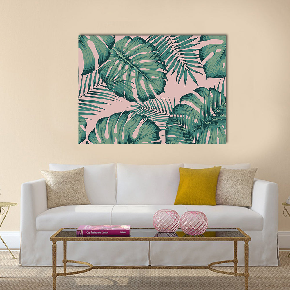 Areca Palm Leaf Design Canvas Wall Art in green and pink, single panel hung on a wall