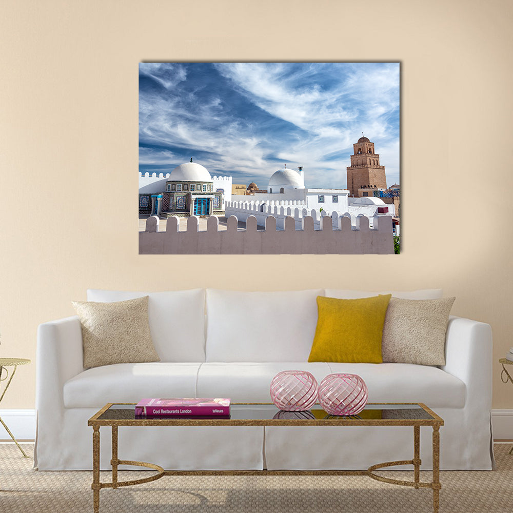 Great Mosque In Kairouan Tunisia Canvas Wall Art in white, beige and blue, single panel hung on a wall