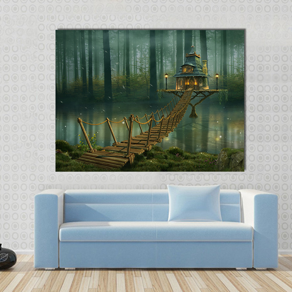Fairy House on Tree Trunk with Rope Bridge Canvas Wall Art in brown and green, single panel hung on a wall