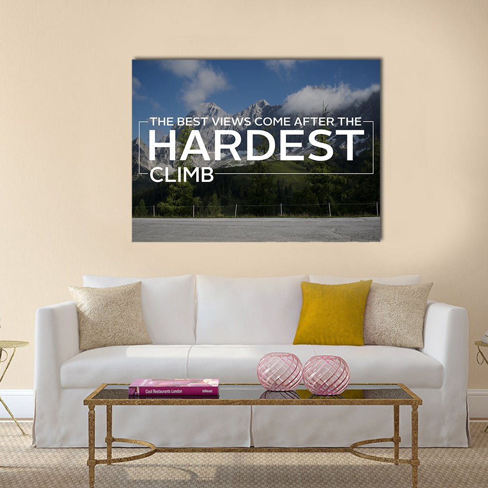 Workout Quote Over Alpine Mountain Road Canvas Wall Art in gray, green and blue, single panel hung on a wall