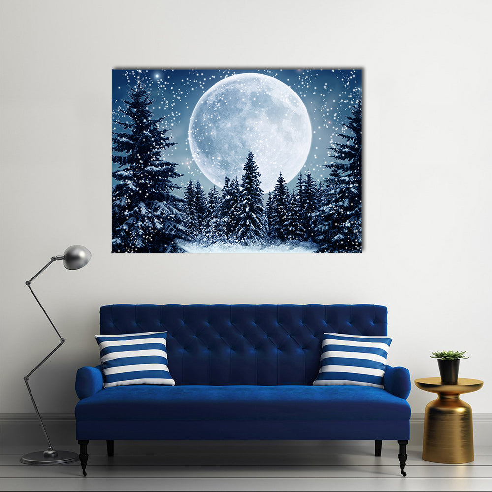 Full Moon Over Snowy Pines Canvas Wall Art in white, blue and navy, single panel hung on a wall