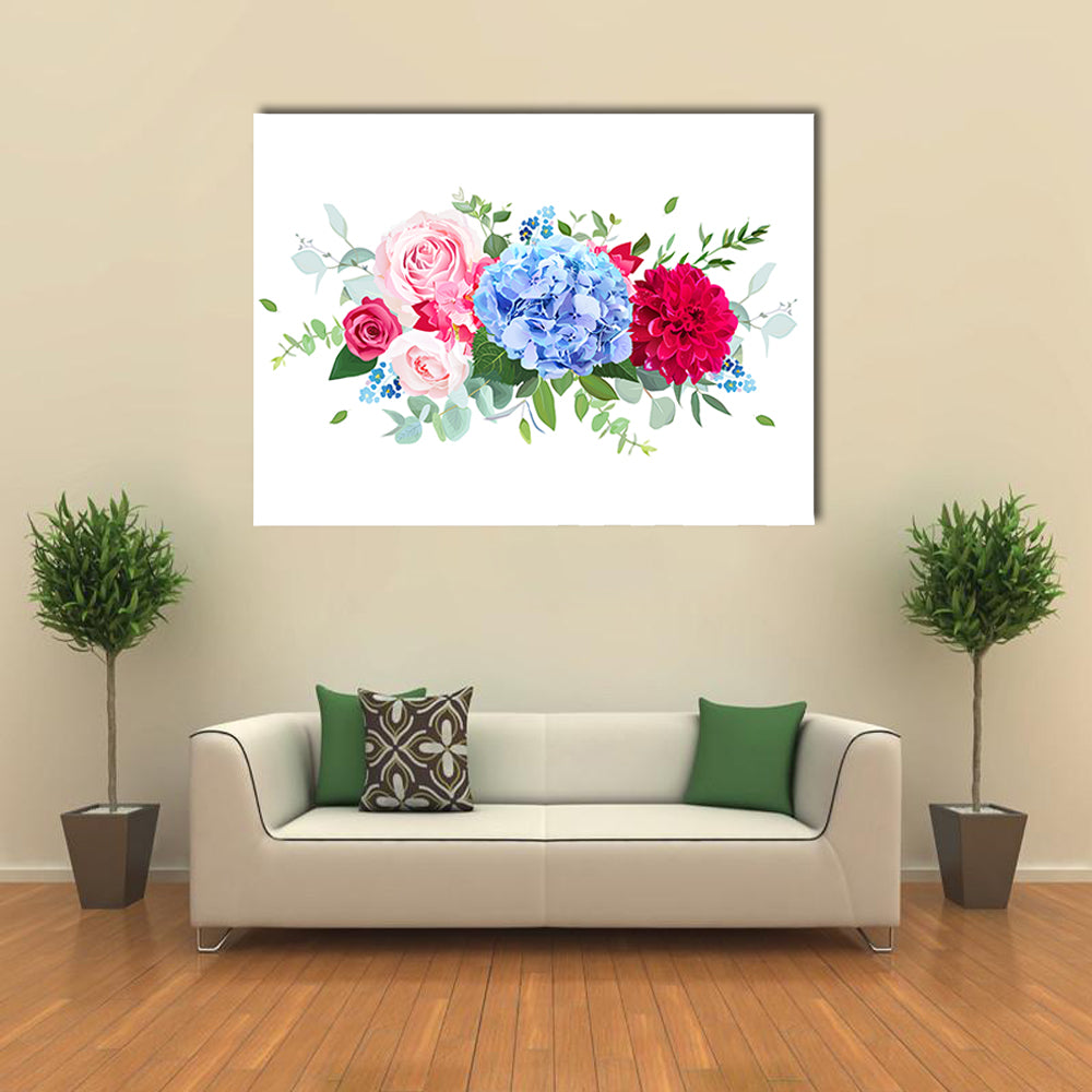 Summer Wedding Floral Bouquet Canvas Wall Art in white, blue and pink, single panel hung on a wall