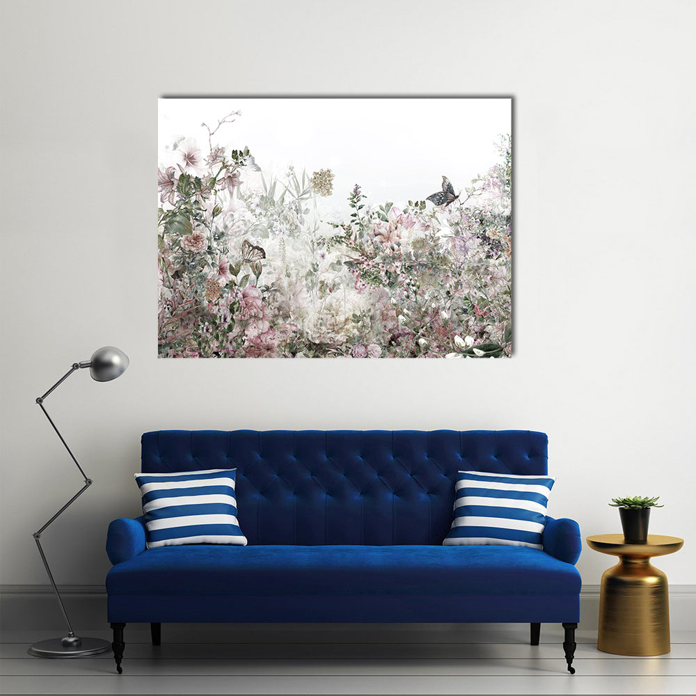 Watercolor Spring Flowers Canvas Wall Art in white, green and pink, single panel hung on a wall