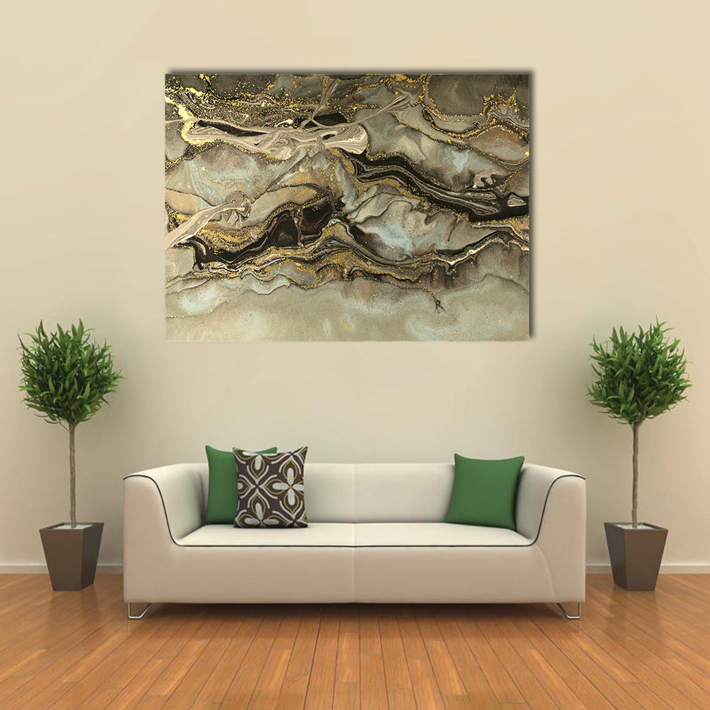 Fluid Marble Pattern Canvas Wall Art in black, beige and gold, single panel hung on a wall