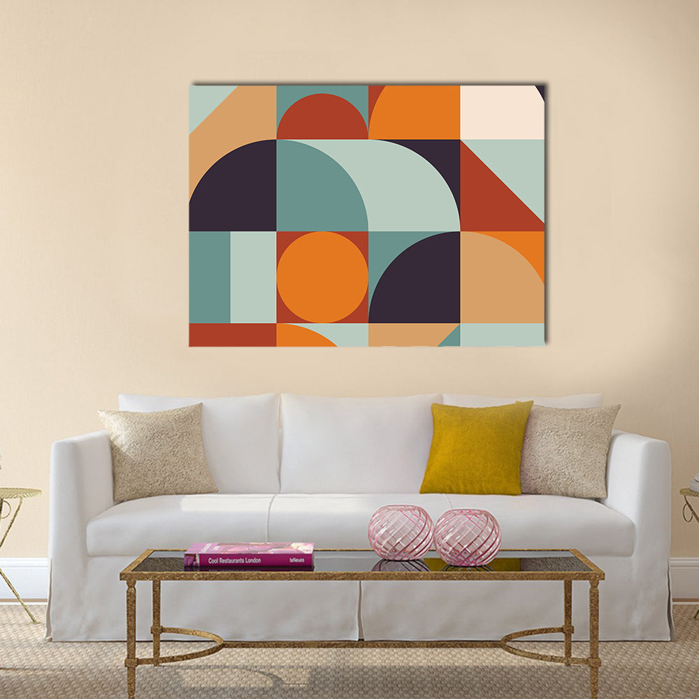 Scandinavian Geometric Abstract Canvas Wall Art in beige, orange and blue, single panel hung on a wall