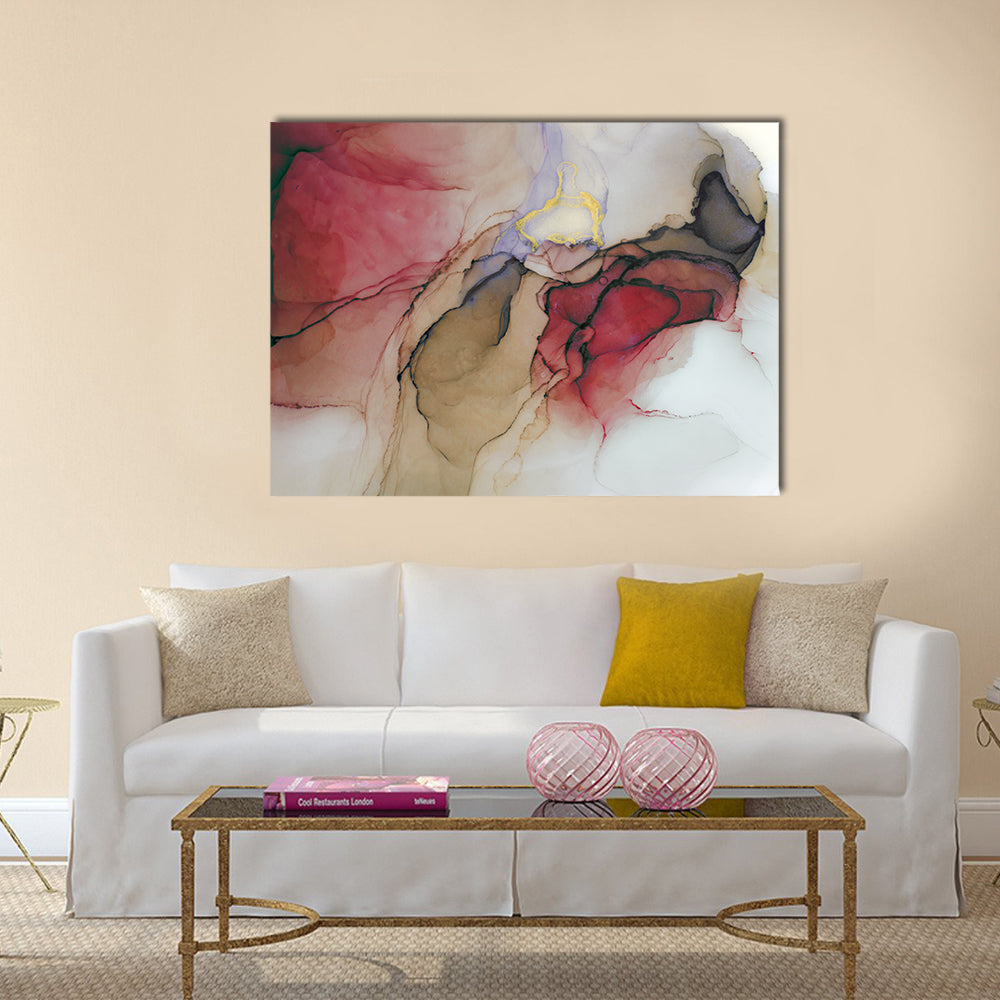 Alcohol Ink Abstract with Gold Accents Canvas Wall Art in beige, gold and pink, single panel hung on a wall