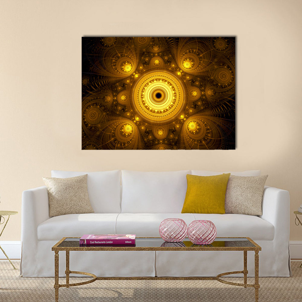 Fractal Mandala Canvas Wall Art in black, gold and yellow, single panel hung on a wall