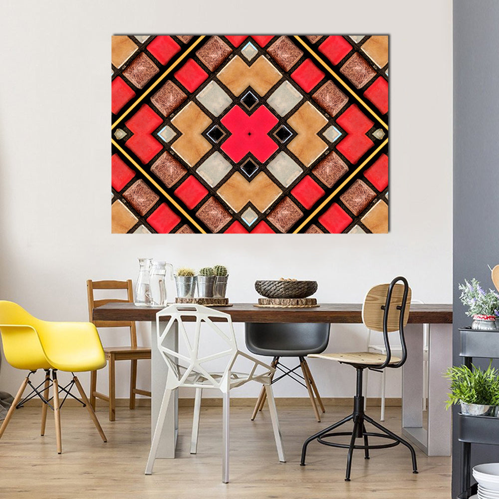 Small Cubic Tile Mosaic Canvas Wall Art in beige, brown and red, single panel hung on a wall