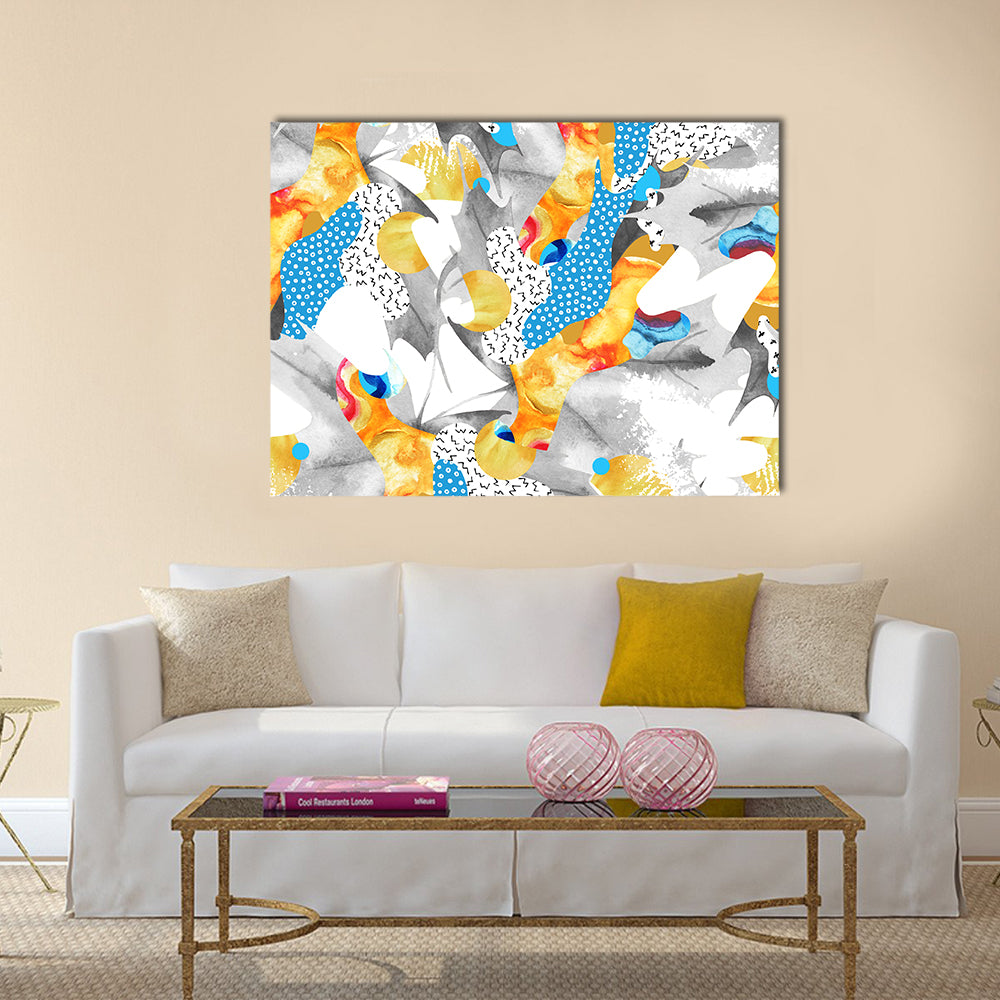 Watercolor Fluid Shapes with Polka Dots Canvas Wall Art in gray, yellow and blue, single panel hung on a wall