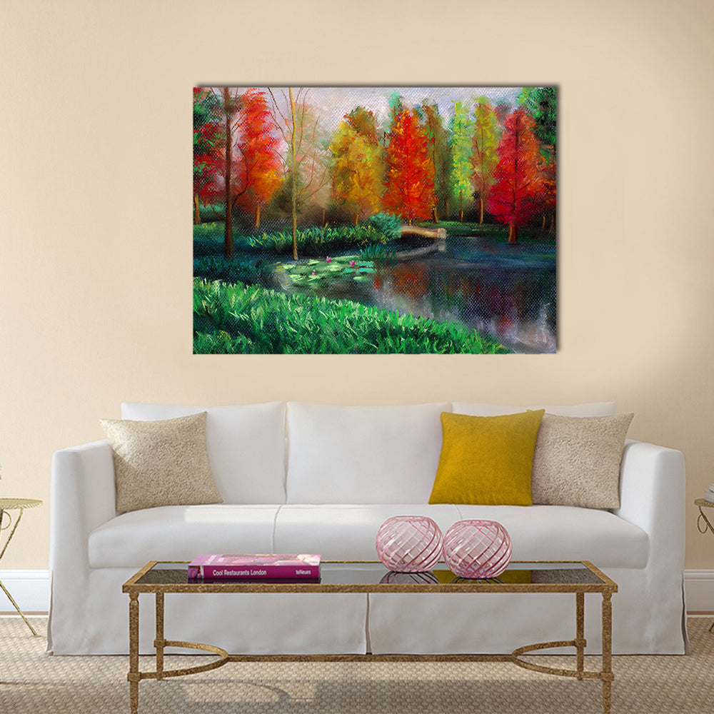 Autumn Lake with Water Lilies Canvas Wall Art in red, yellow and green, single panel hung on a wall