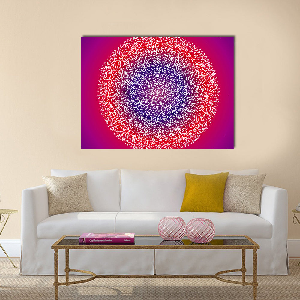 Spiritual Mandala Canvas Wall Art in red, purple and pink, single panel hung on a wall