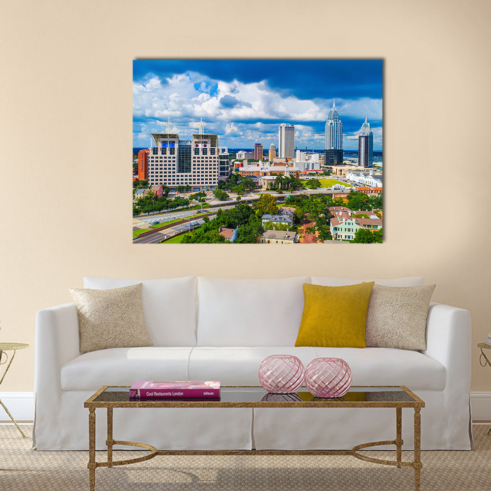 Alabama Downtown Skyline Canvas Wall Art in white, green and blue, single panel hung on a wall